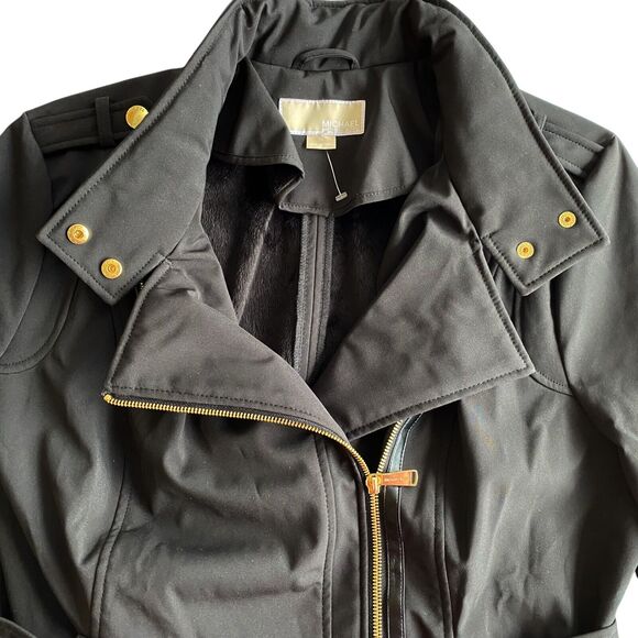 MICHAEL KORS Jacket Womens Extra Large Asymmetrical Black Trench Coat Lined Hood - Picture 4 of 16